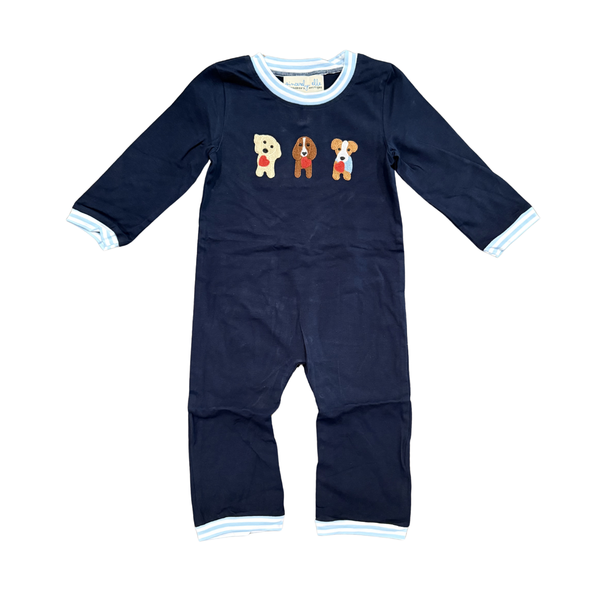 Boys navy long-sleeve romper with puppy dog graphic and striped cuffs
