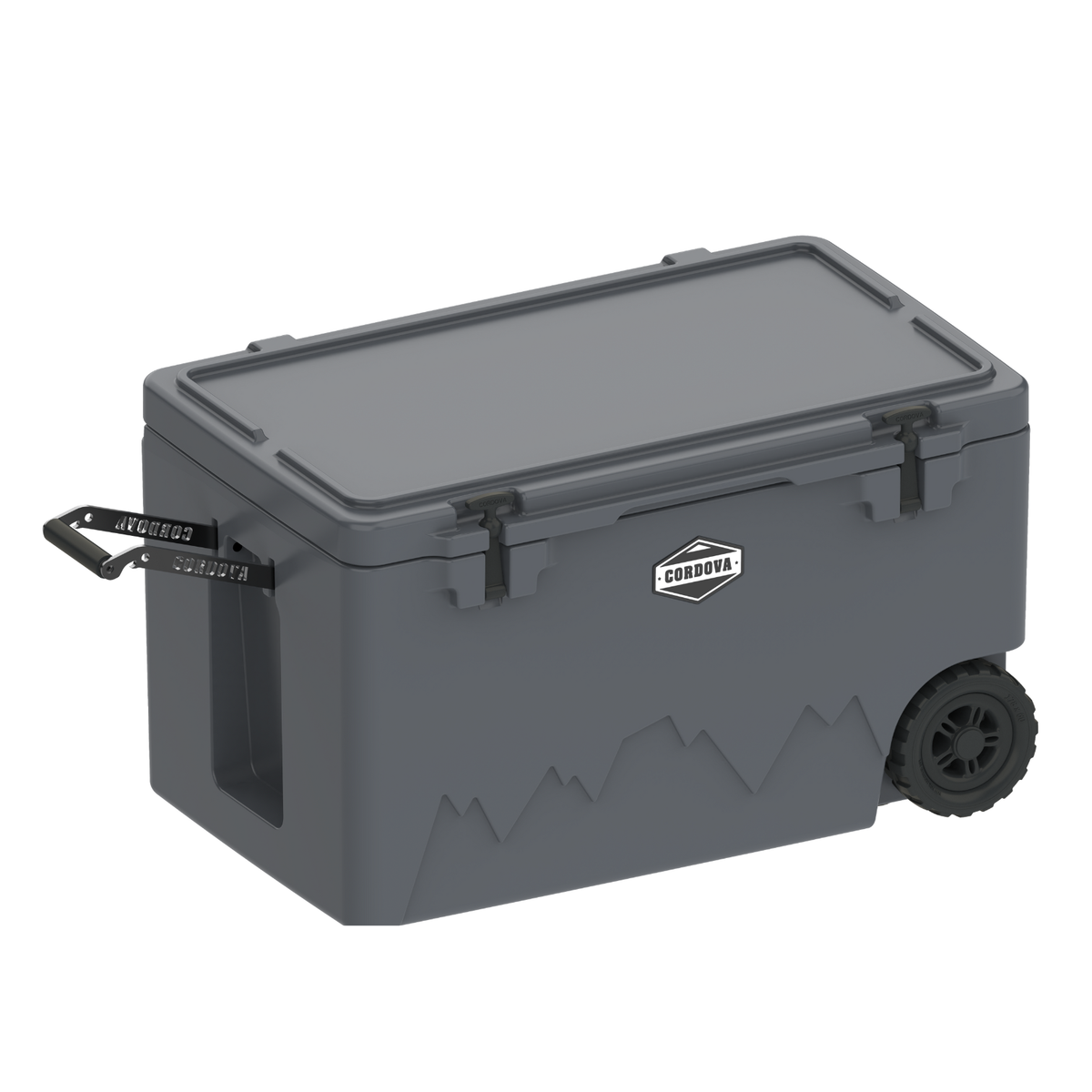 125 qt wheeled cooler with closed lid, side handle, logo badge, and rugged wheels; gray