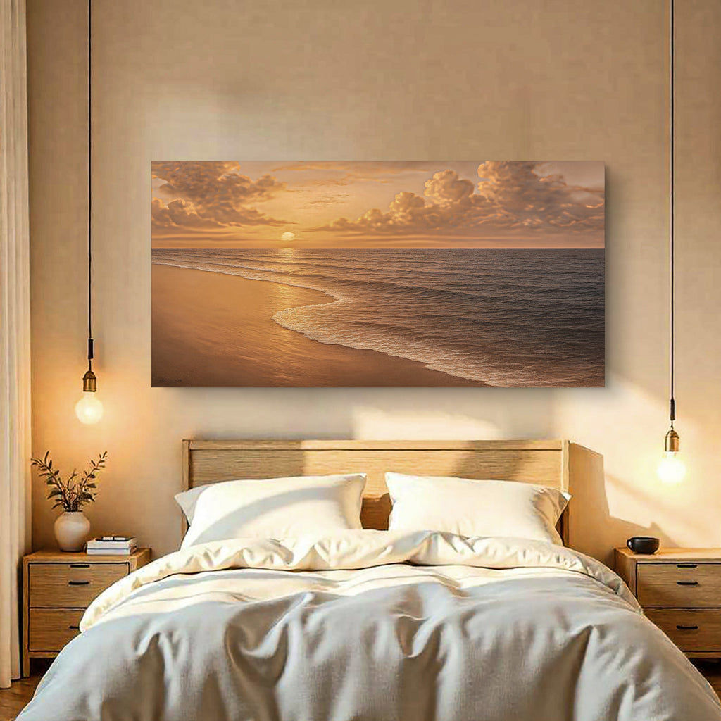 Beach shoreline wall art canvas showing a golden sunset over the ocean waves