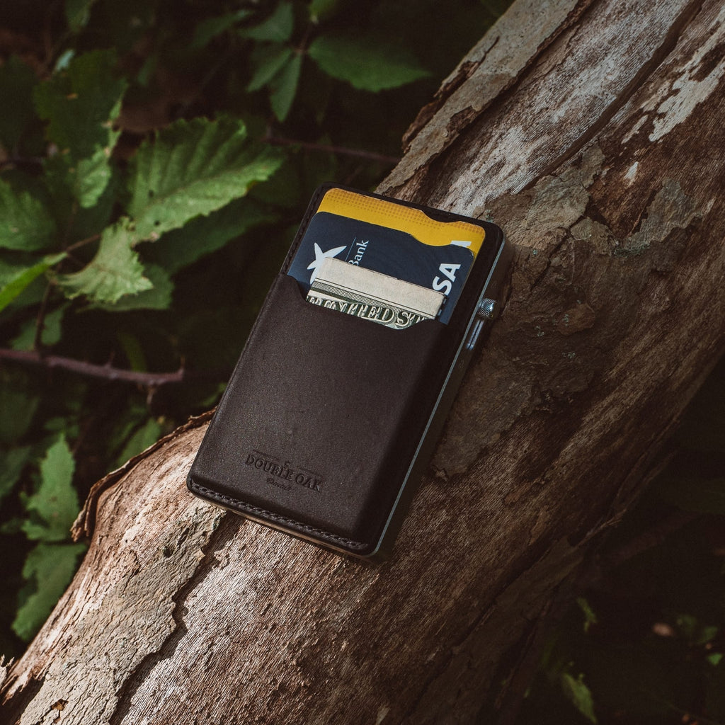 Dark gray leather mod wallet with yellow trim and card in front sleeve