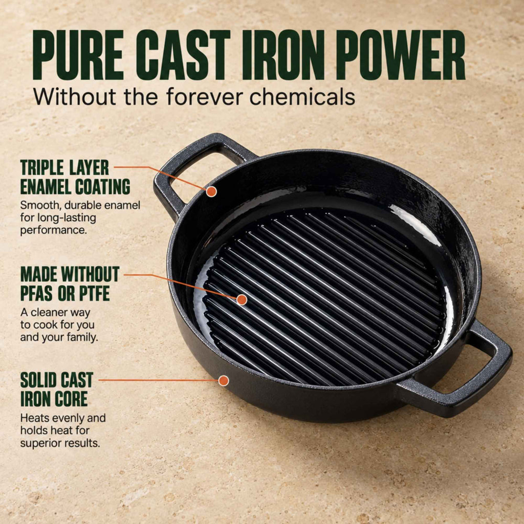 Enamel-coated cast iron grill pan with dual handles and ridged searing grate