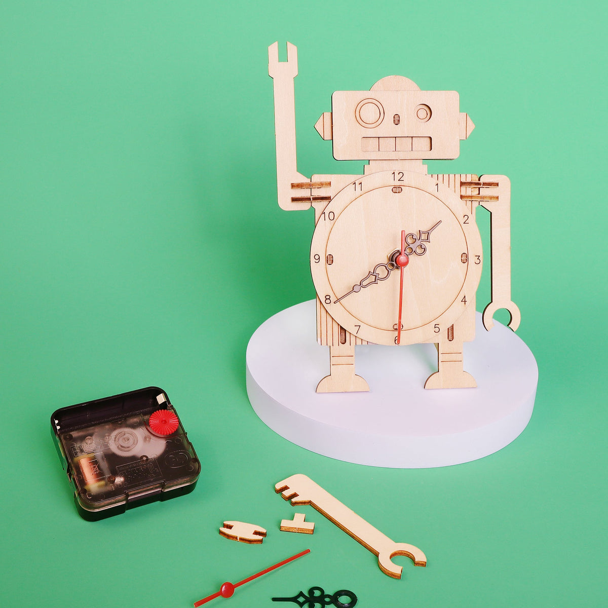 Wooden robot clock DIY kit on circular base with loose gear and hand components