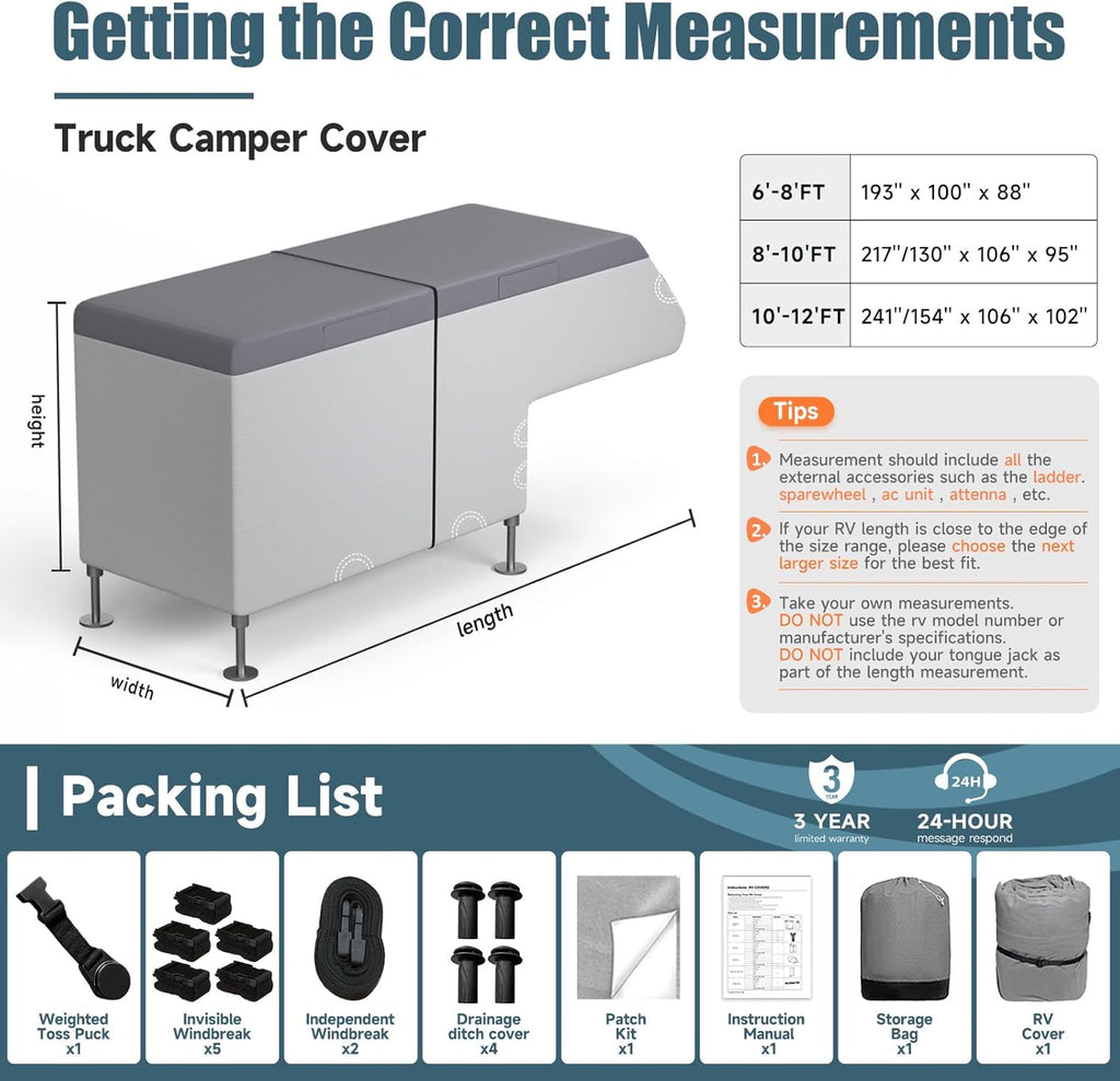 Gray truck camper cover on legs with height, width, and length measurements