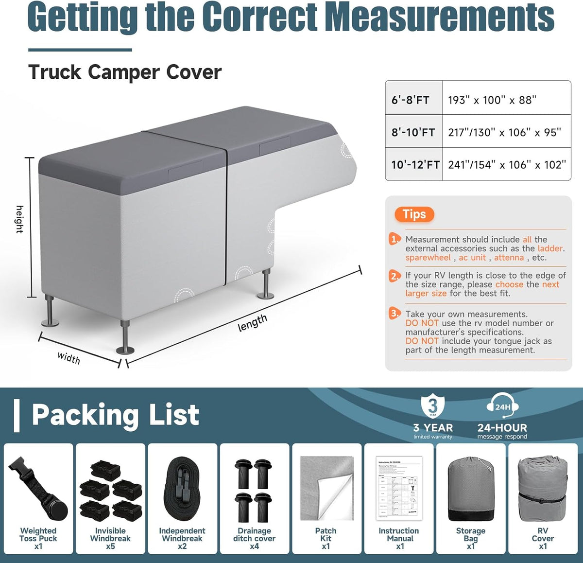 Gray truck camper cover on legs with height, width, and length measurements