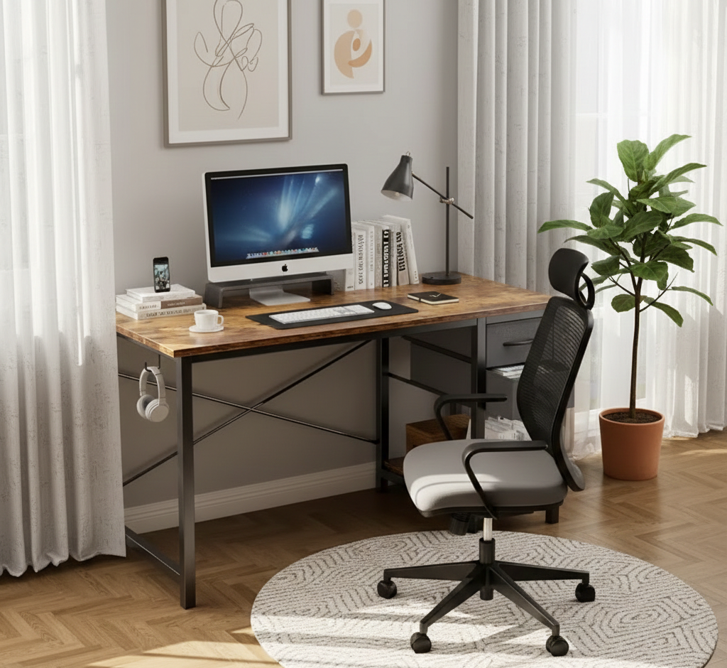 Home office computer desk with rustic top, metal frame, and fabric storage drawers
