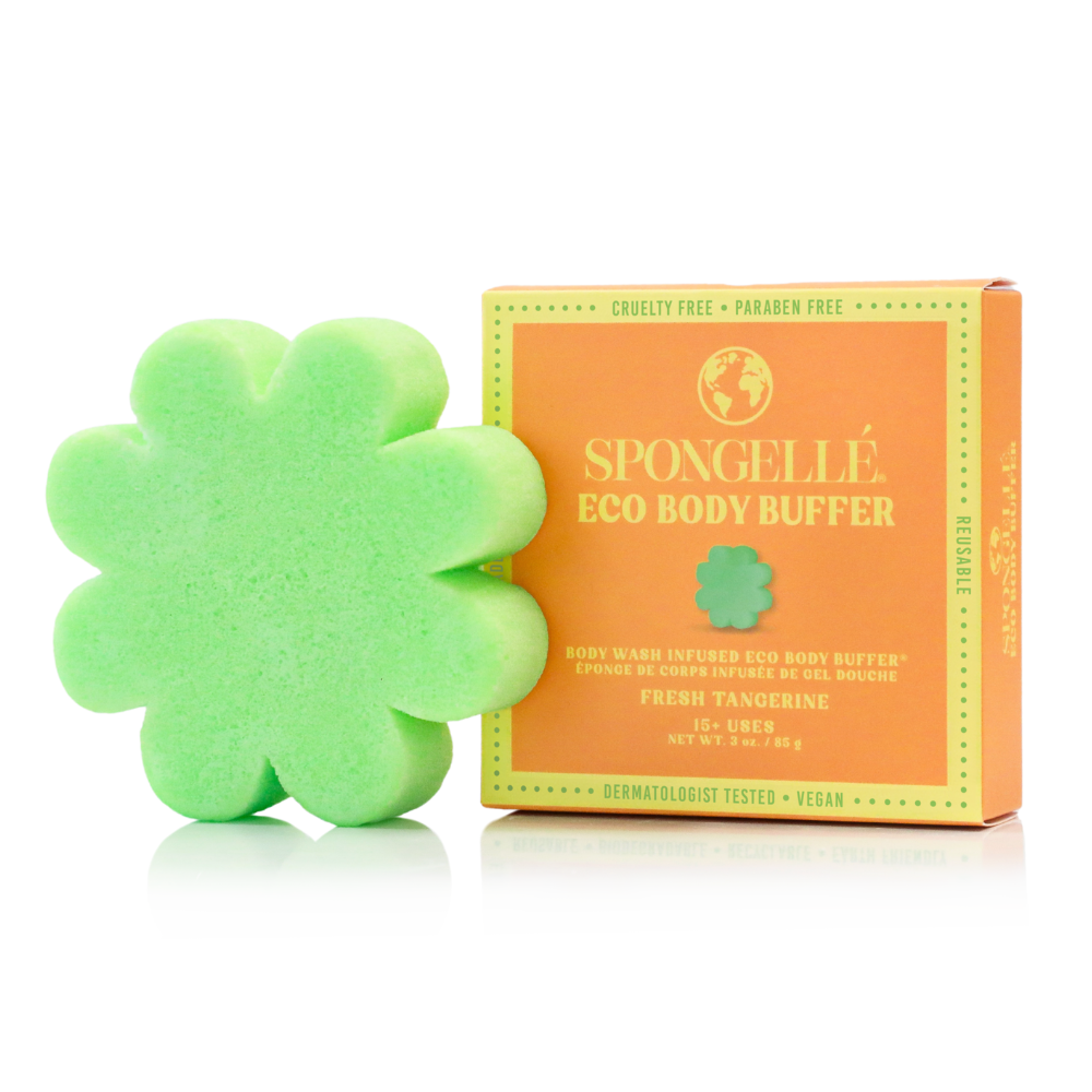 Fresh Tangerine eco body buffer sponge in green flower shape with product box