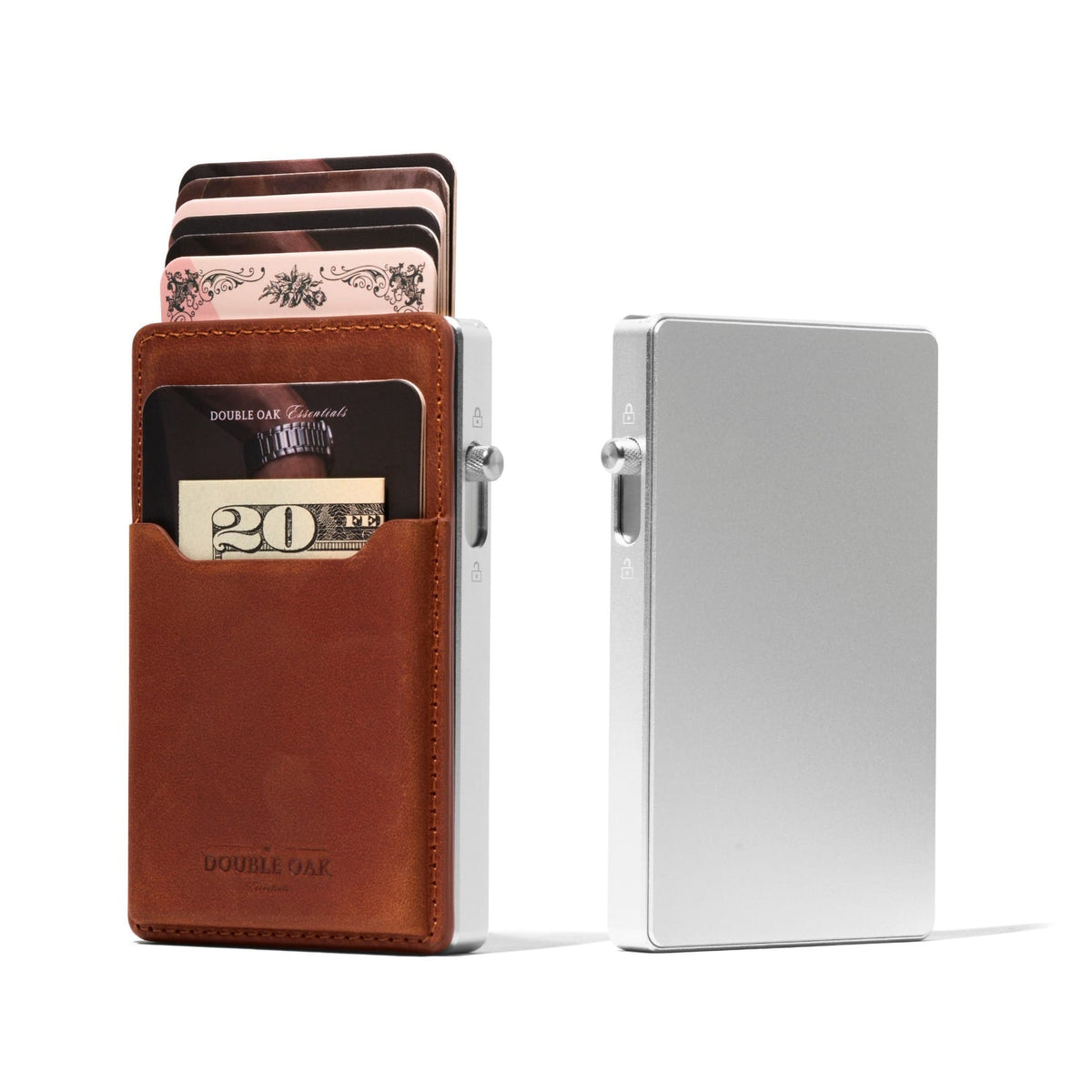 Mod wallet with brown leather cardholder and silver aluminum cash compartment