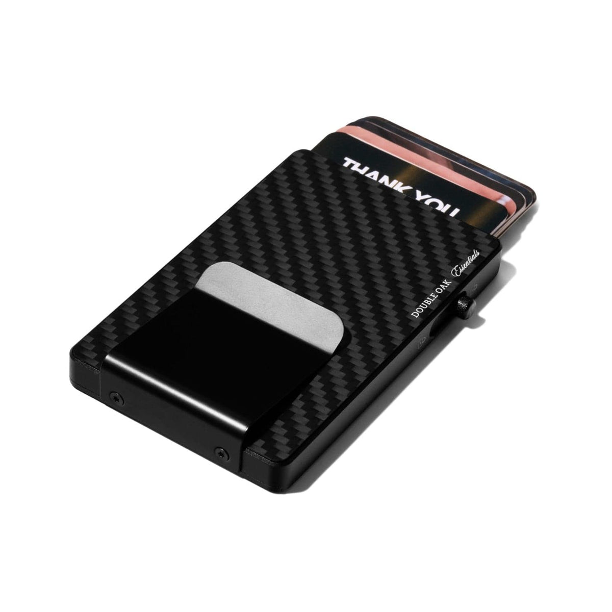 Carbon-fiber pop-up cardholder with hinged panel and card slot window