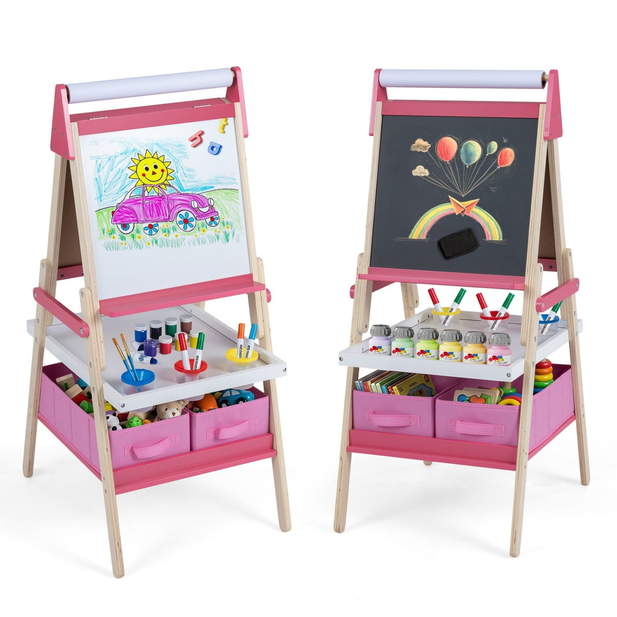 Kids 3-in-1 art easel set with magnetic whiteboard and chalkboard, pink accents