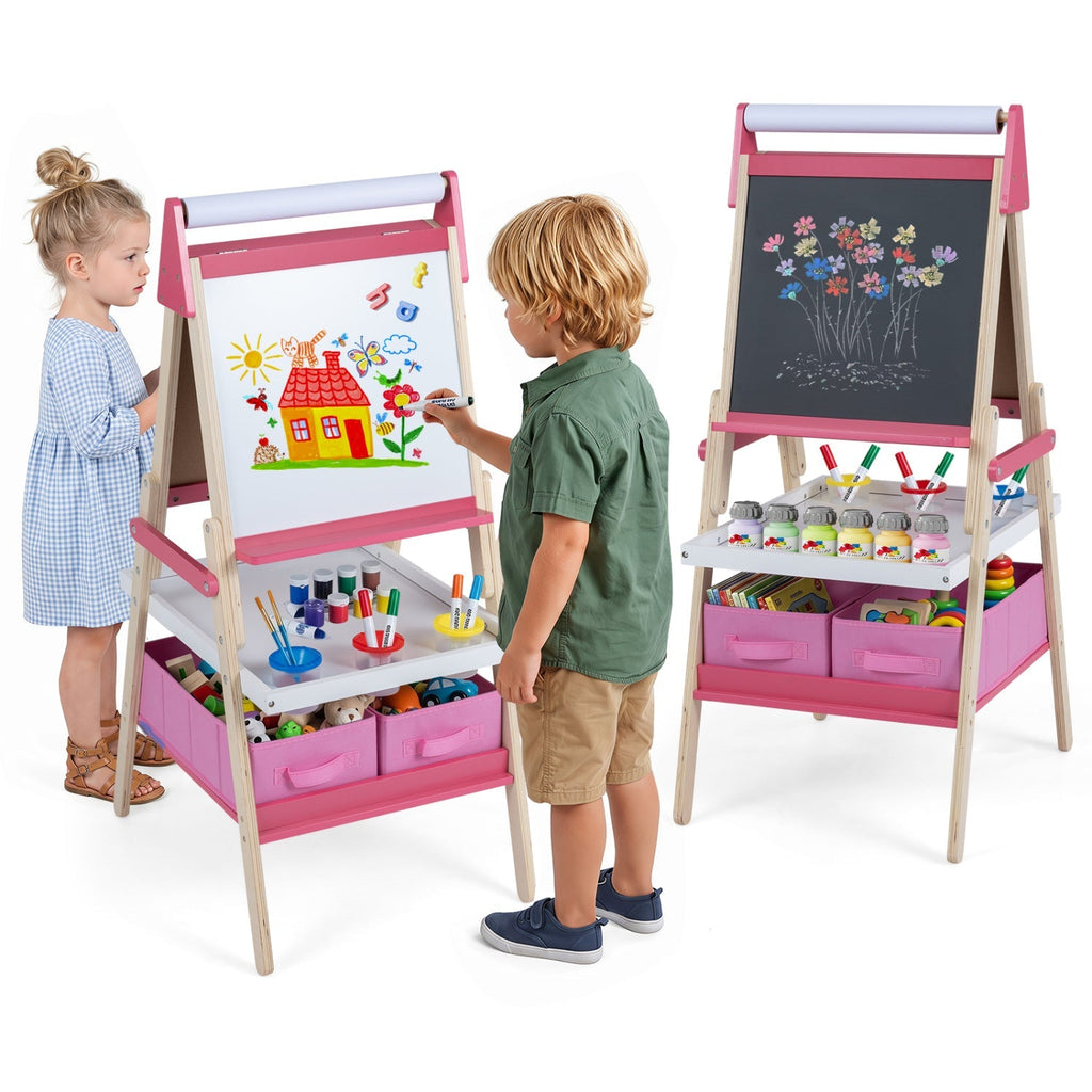 Kids art easel with magnetic board surfaces and pink-framed storage for paints and tools