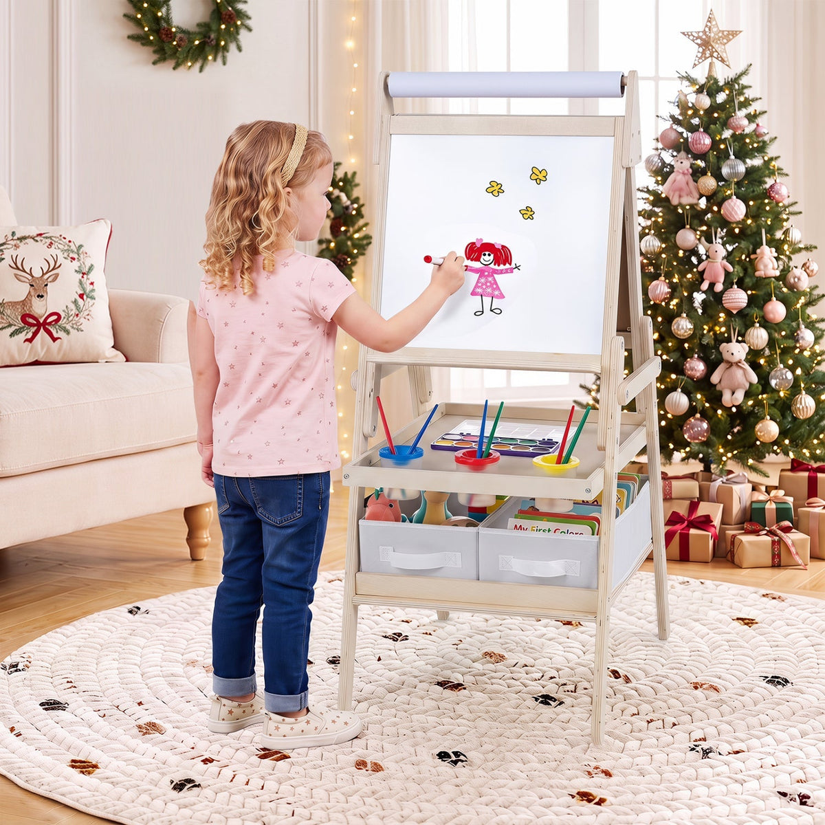 Kids 3-in-1 art easel with magnetic whiteboard and chalk set, pink frame and storage drawers