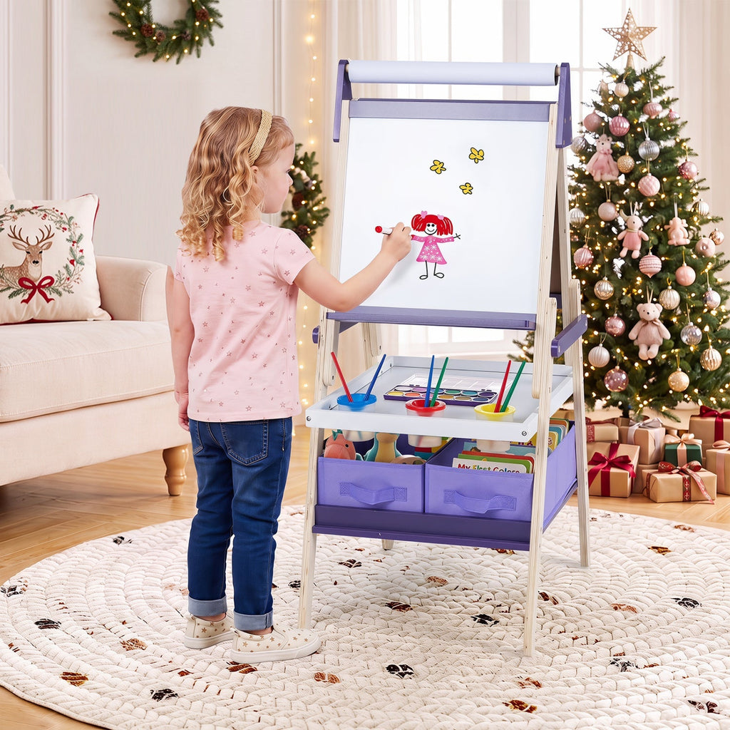 Kids art easel with white drawing board, paint tray and storage drawer, for chalk drawing
