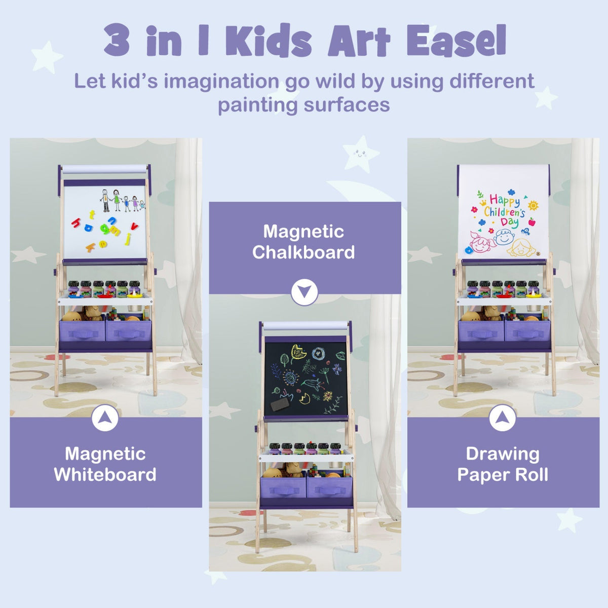 3-in-1 kids art easel with magnetic whiteboard, chalkboard, and drawing paper roll rack.