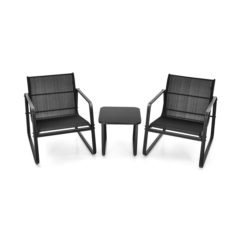 Black patio bistro set: two armchairs and a small square table with gray top