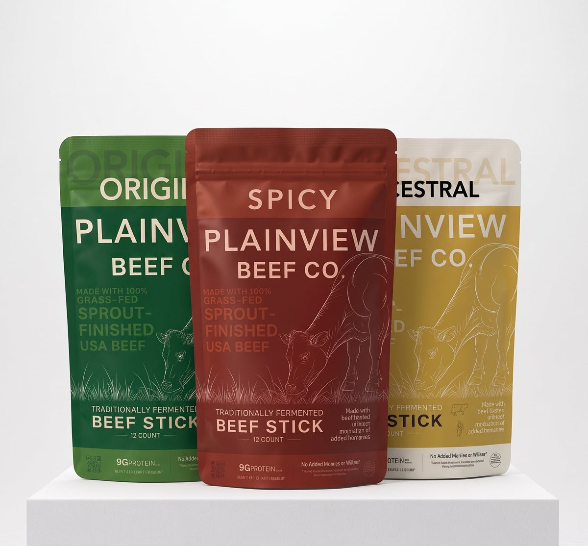 Three beef stick pouches—Original, Spicy, and Ancestral—displayed together