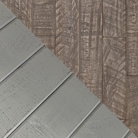Gray woodgrain tabletop edge with light gray frame and apron