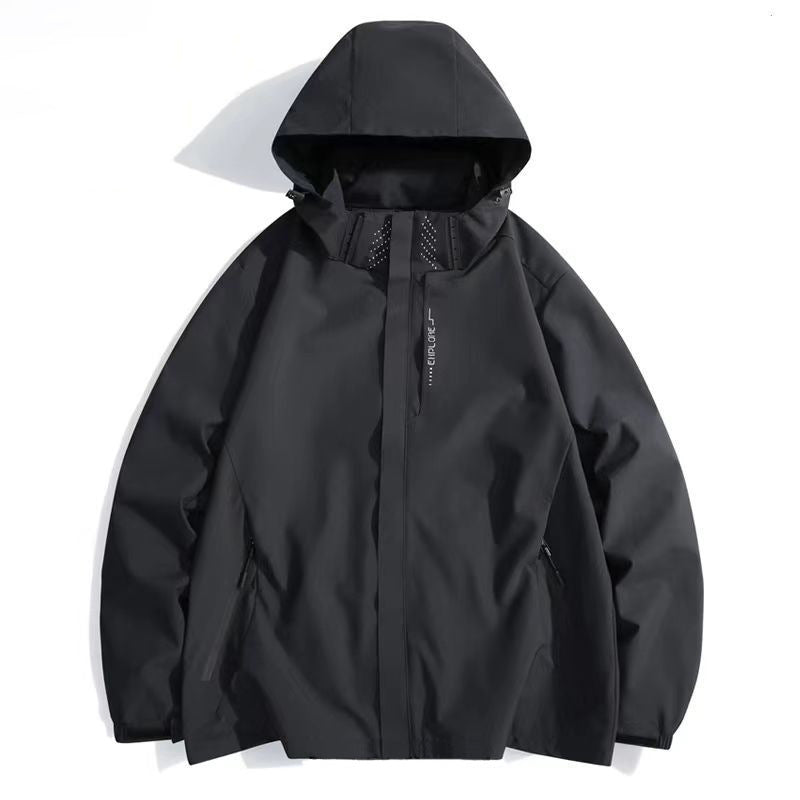 Men's windproof waterproof jacket, black, tall hood with front zip and storm flap