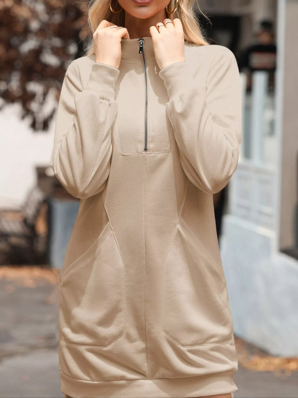Khaki zip-up collared sweatshirt dress with long sleeves and front pockets