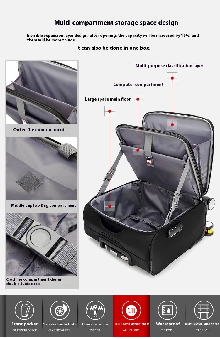 Black suitcase open to show multi-compartment storage with interior laptop compartment.