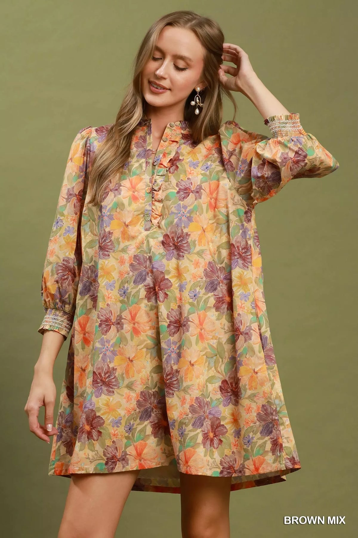Floral mini dress with smocked cuffs and button front, brown mix