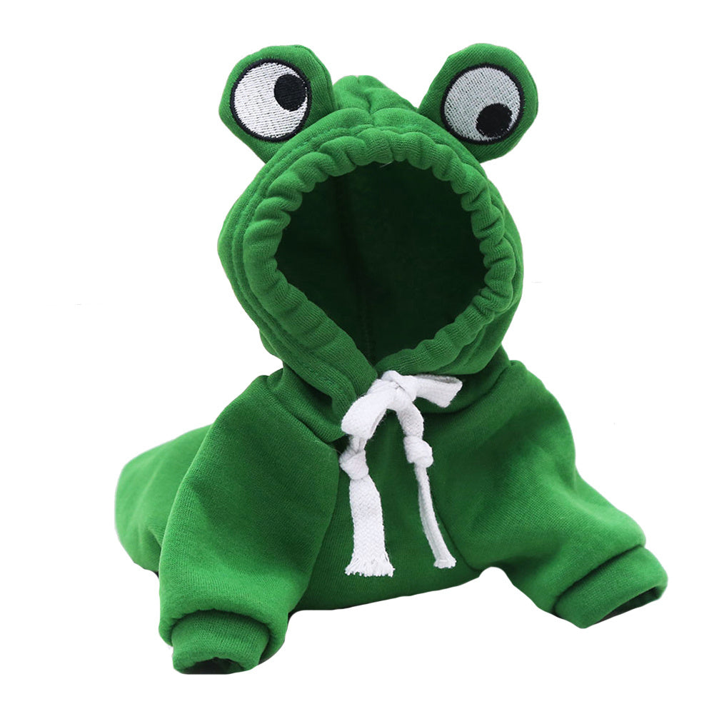 Green frog pet hoodie with hood eyes and front pouch, white laces on drawstring