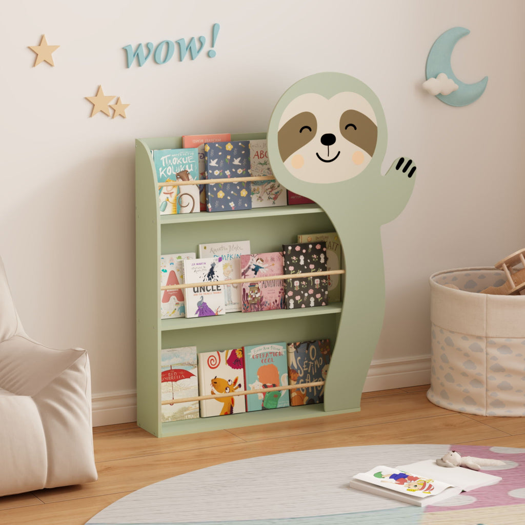 Sage green 3-tier toddler book display rack with sloth face and open shelves