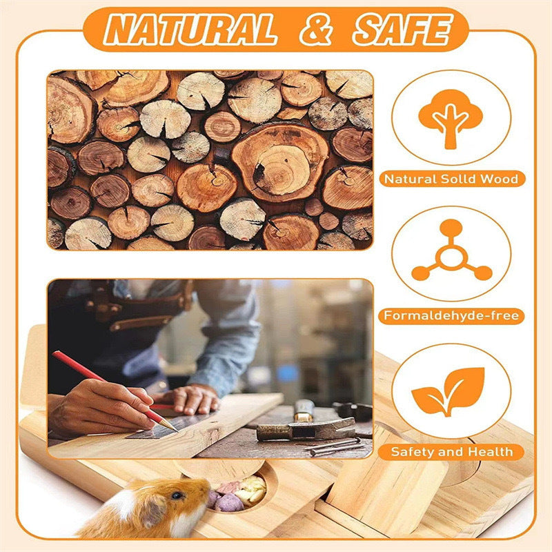 Wooden hamster snack feeder with natural wood look and circular treat holders