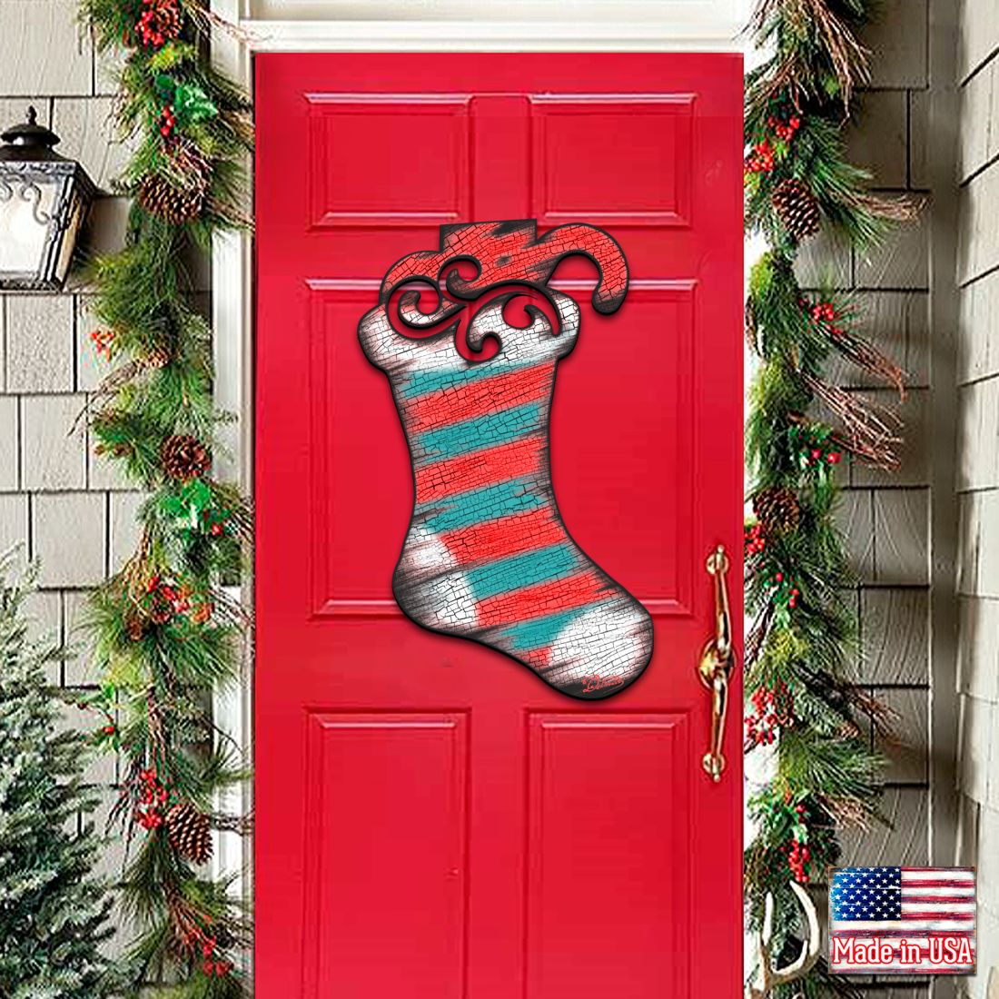 Christmas stocking door hanger decor with red, teal, and silver striped finish and curled top