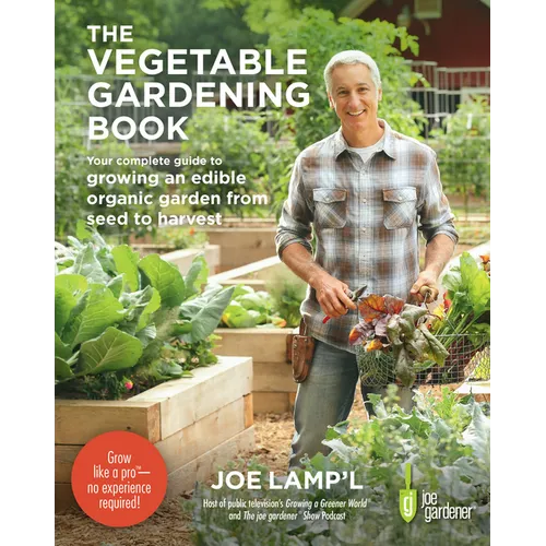 Paperback vegetable gardening book cover with text, Joe Lamp'l, and gardener holding plants