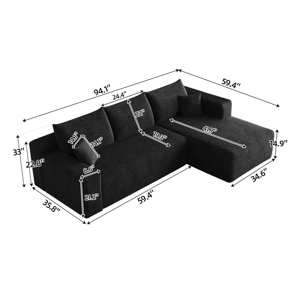 Black L-shaped sectional sofa dimension diagram with overhead view measurements