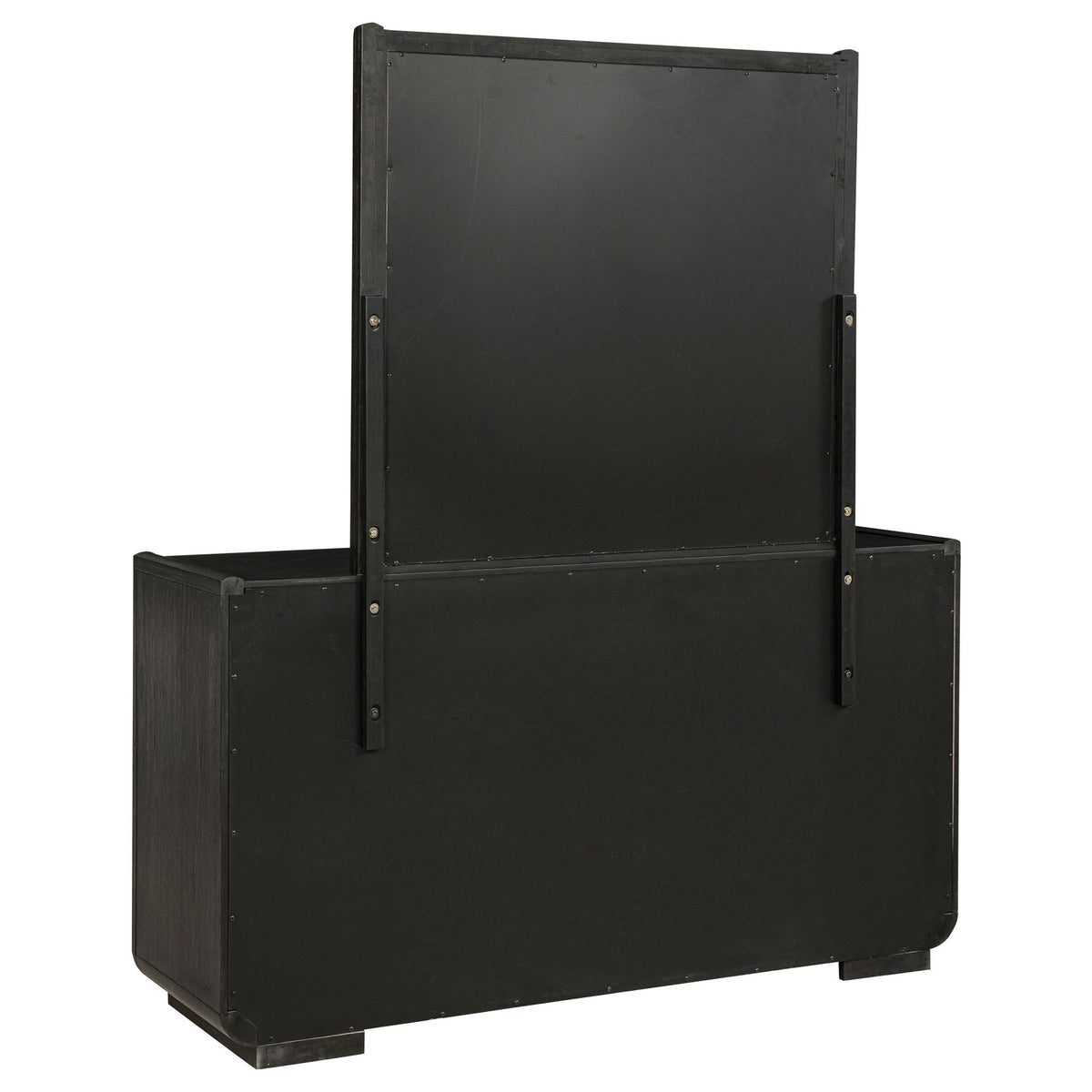 Black 8-drawer bedroom dresser with attached mirror panel, angled back view