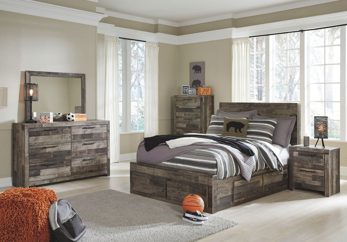 Youth panel bedroom set with gray bed, dresser with mirror, and matching nightstands