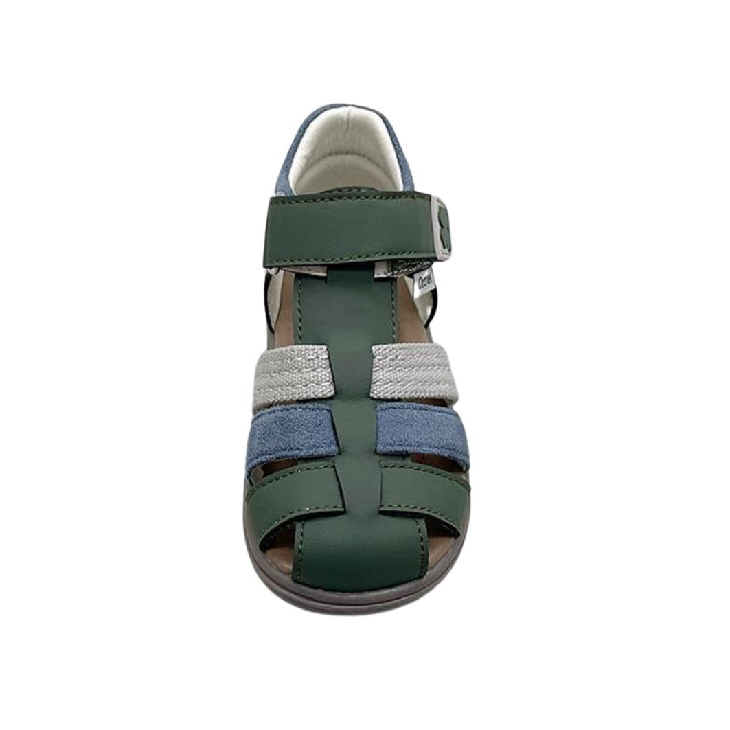 Toddler barefoot sandals front view: open-toe design with dark green straps and blue-gray details