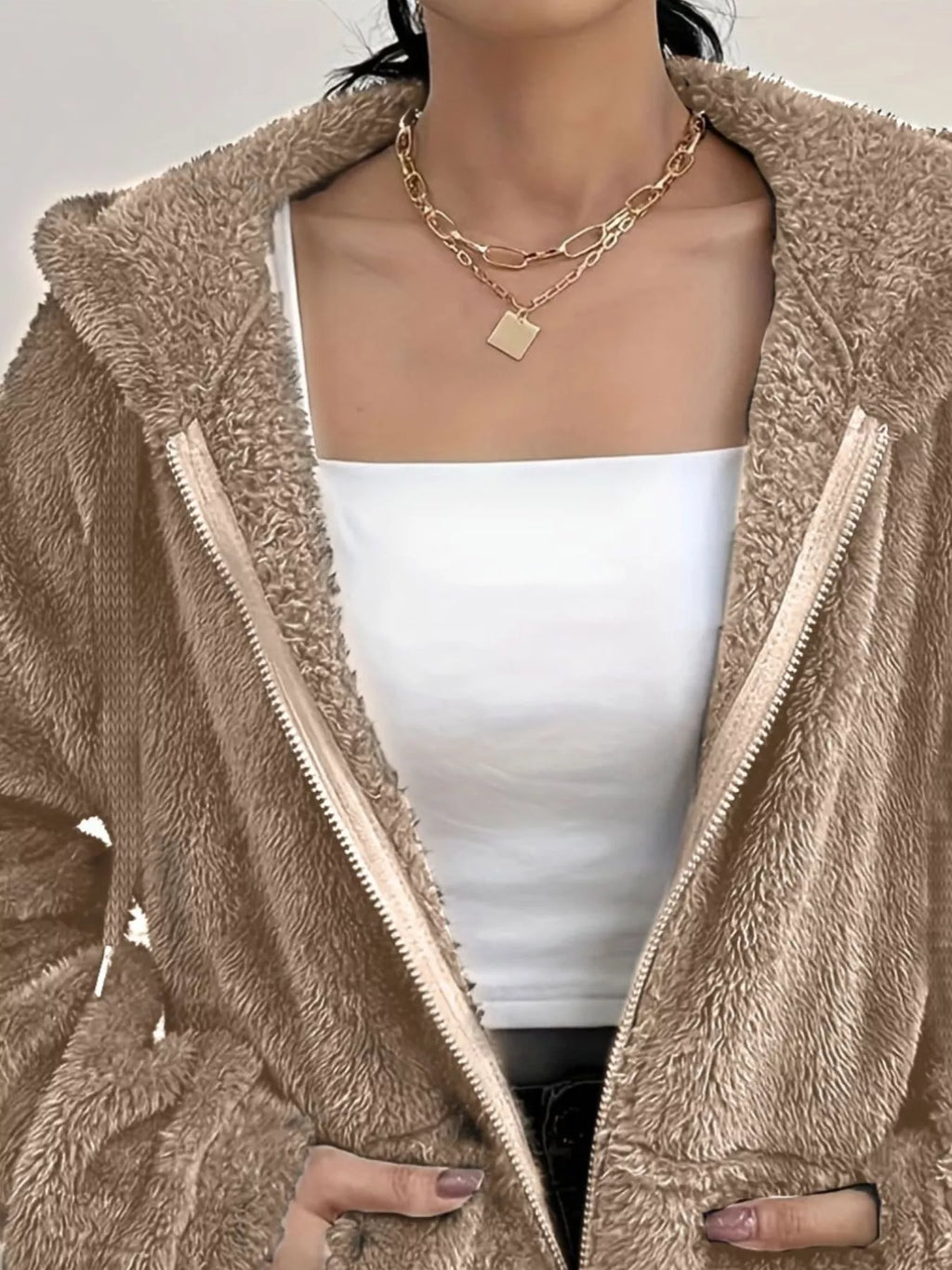 Taupe fleece zip-up hoodie with hooded neckline and visible full zipper