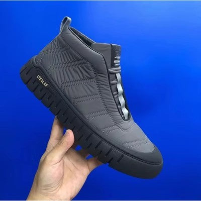 Men's gray high-top winter boots, side view with lace-up and thick tread sole