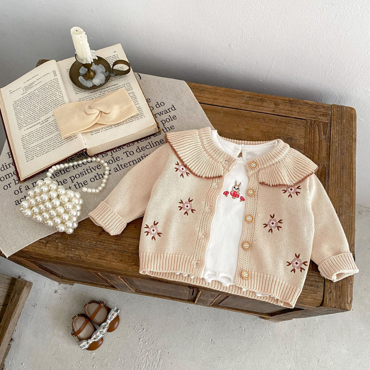 Stone powder baby knitted cardigan with floral embroidery, Peter Pan collar, button front
