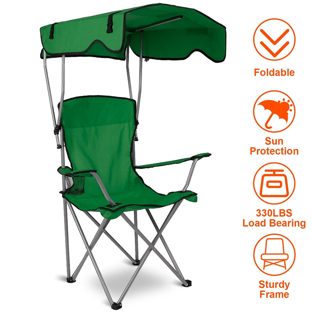 Folding green canopy beach chair with steel frame, padded seat, and adjustable shade