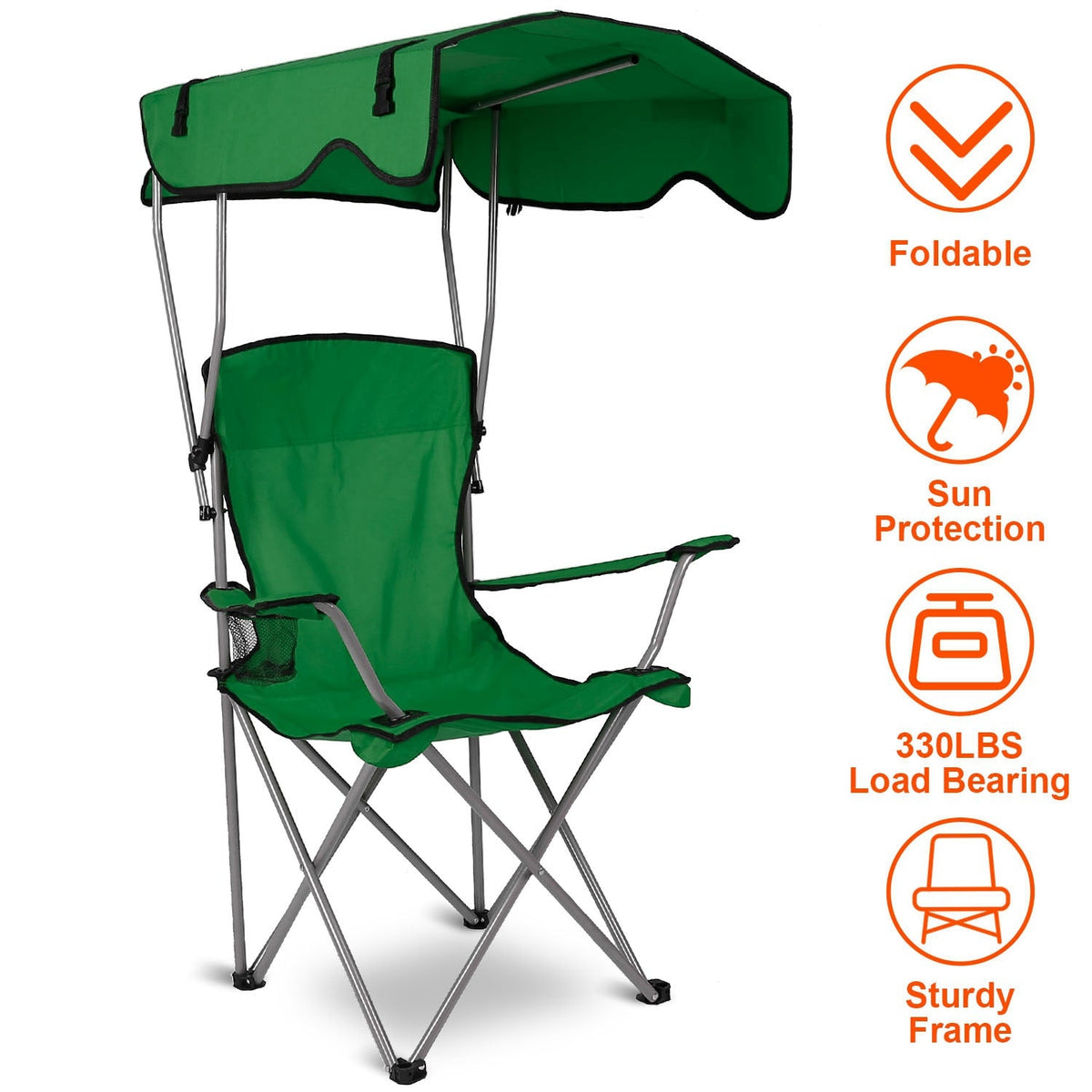 Folding green canopy beach chair with steel frame, padded seat, and adjustable shade