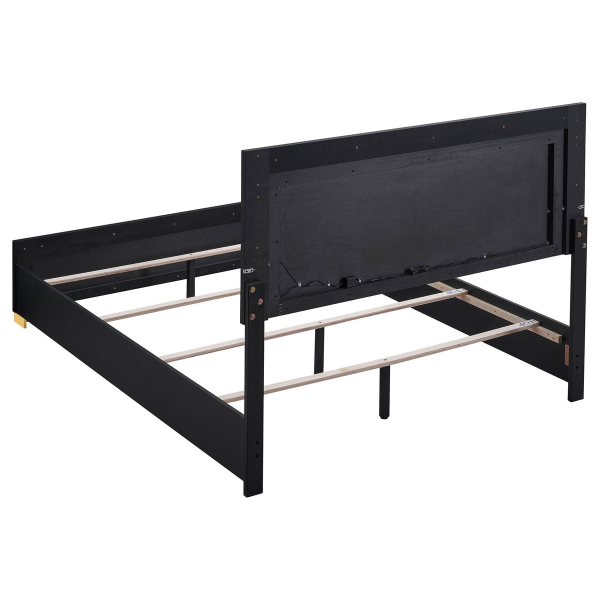 Black queen bed frame with slatted support and tall headboard