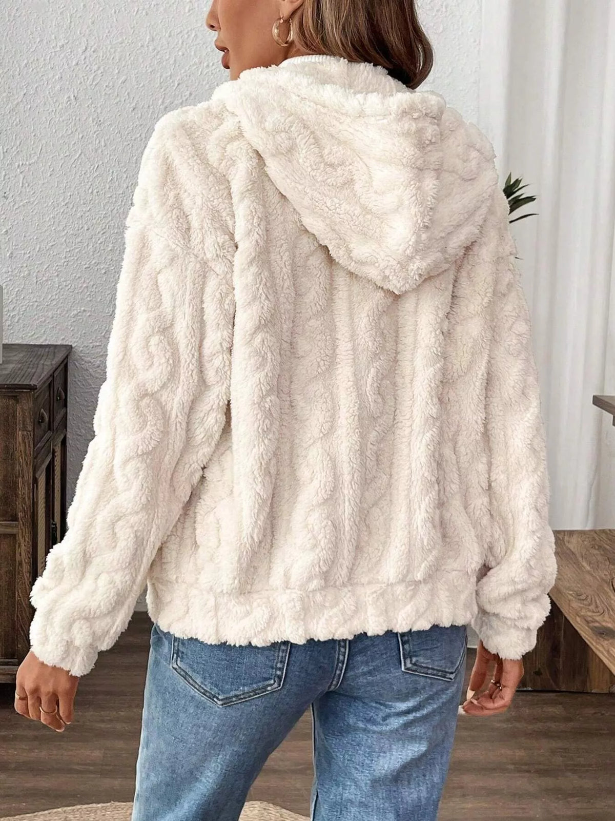 Ivory textured fleece zip-up hoodie with drawstring hood, back view