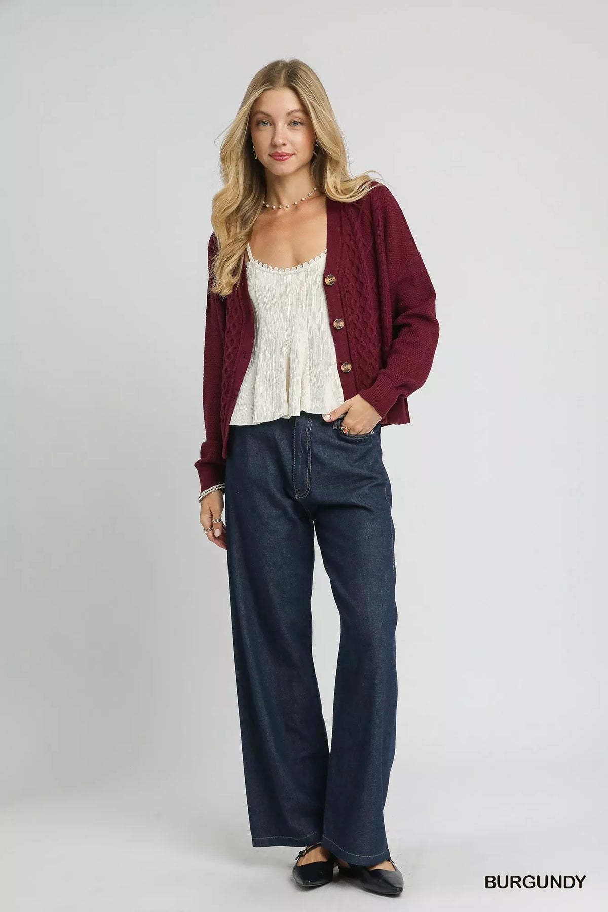 Burgundy V-neck cable-knit button-up cardigan, long sleeves, relaxed fit