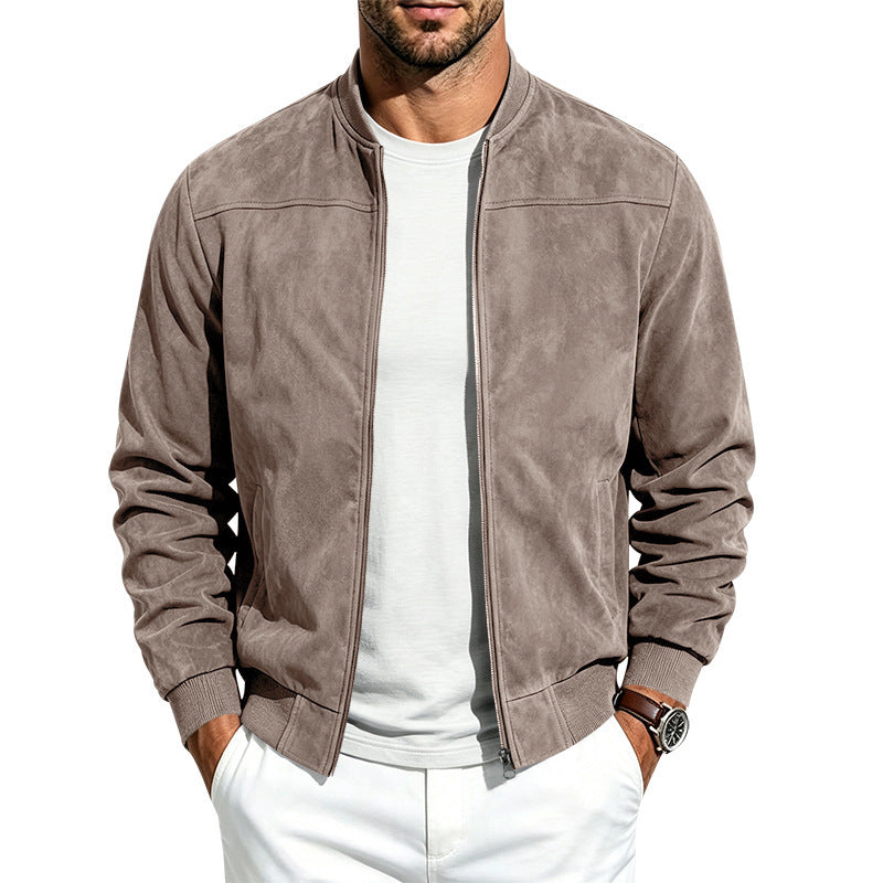 Men's suede zip-up jacket in taupe, full front zipper and long sleeves