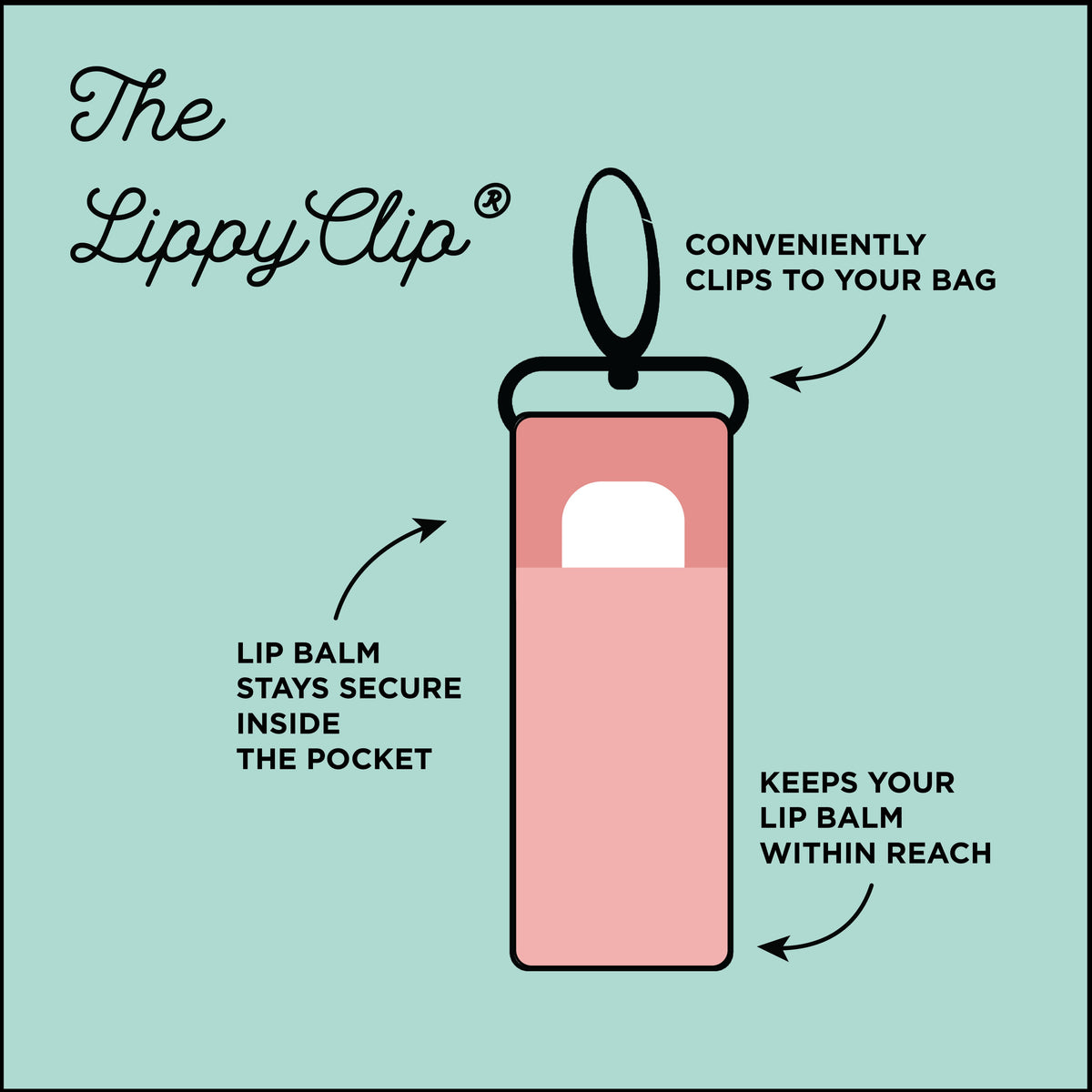 Illustrated LippyClip lip balm holder with clip and secure pocket