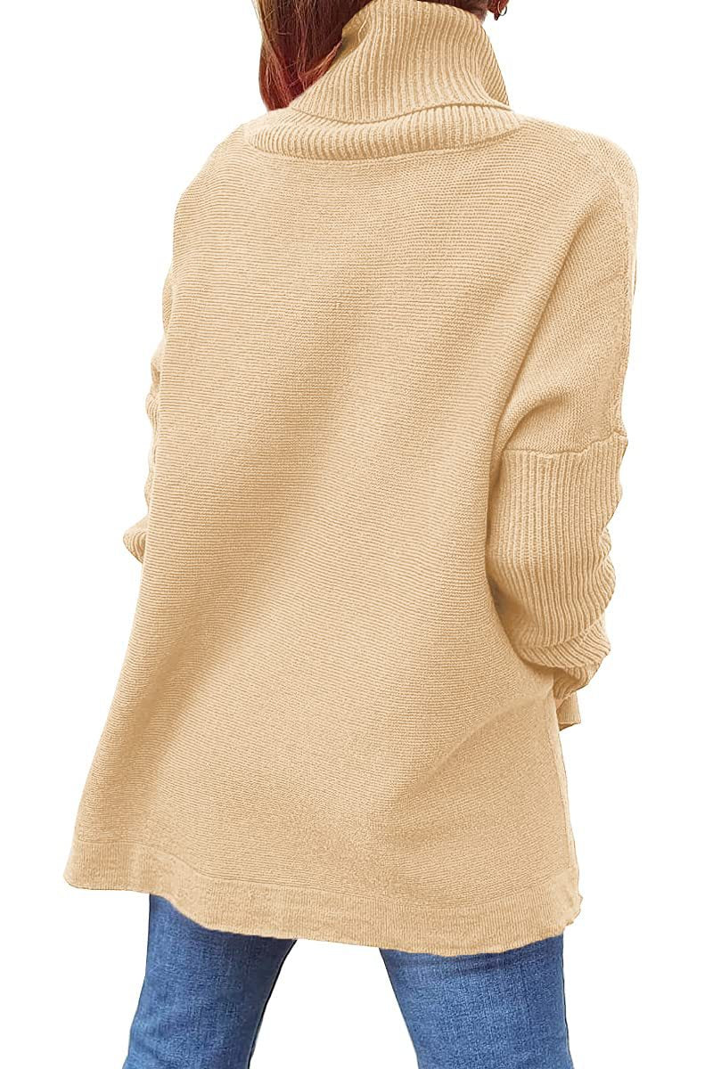 Camel brown ribbed knit turtleneck sweater tunic with batwing sleeves, side slit hem