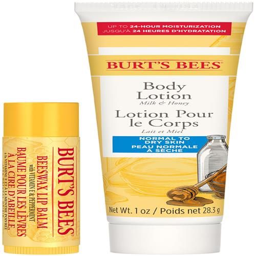 Body lotion tube and lip balm tube with Burt's Bees branding in yellow and gold