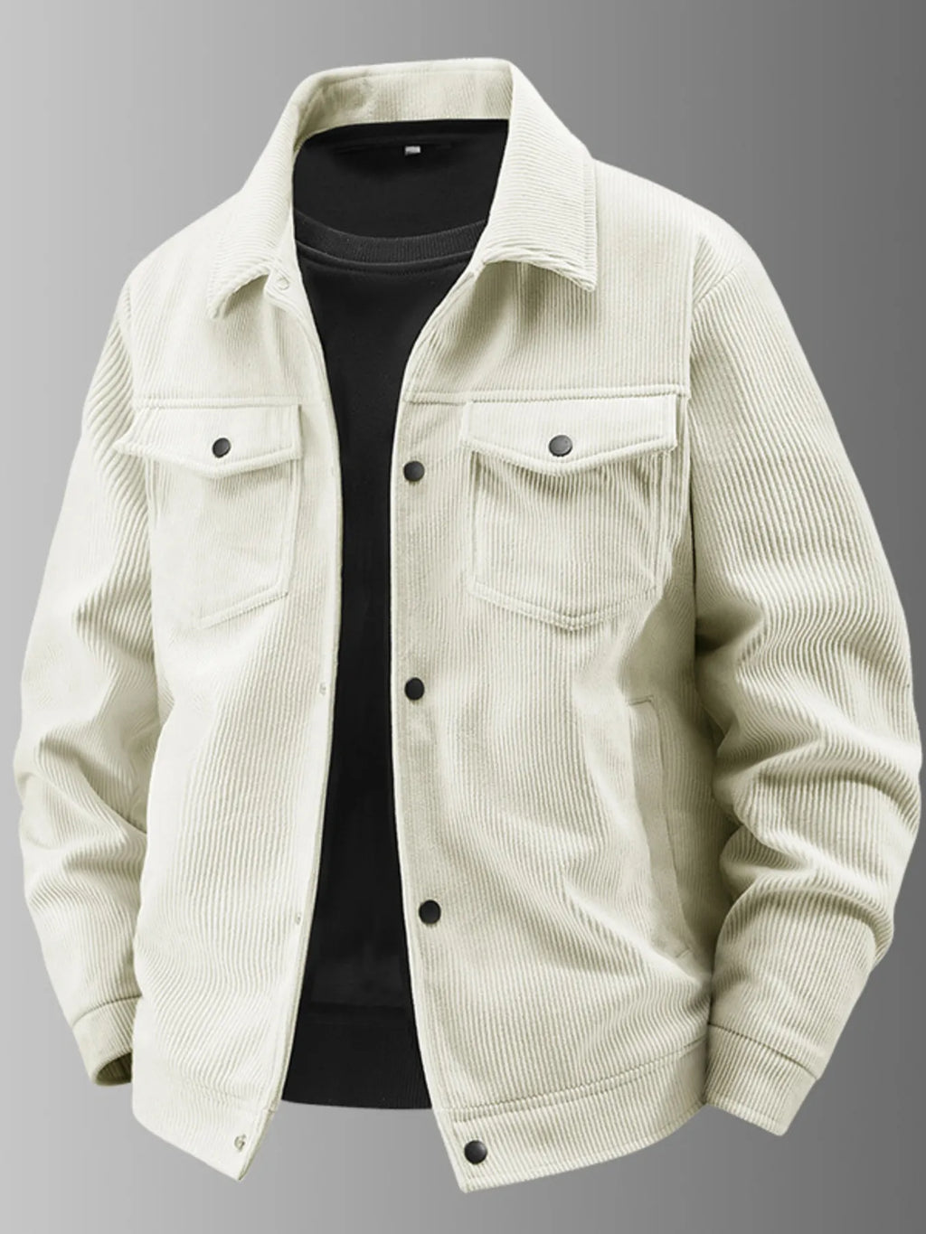 Beige corduroy button-up jacket with chest flap pockets and dark button placket