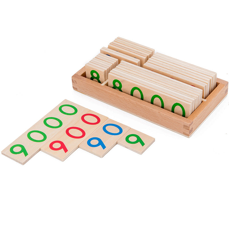 Wooden number card tray with stacked number tiles in green and red