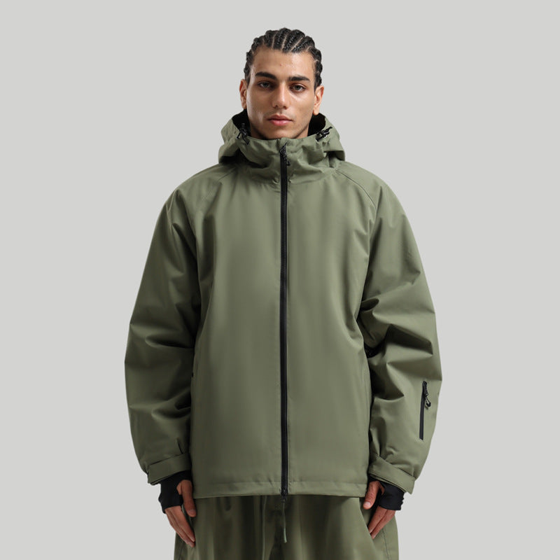 Women's solid-color professional ski suit jacket, army green with black zipper