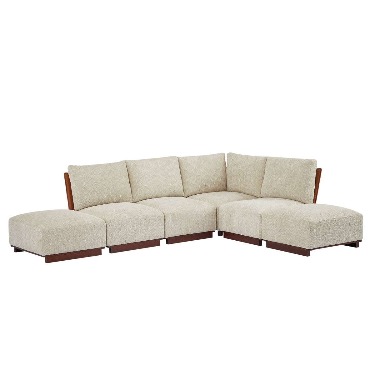 L-shaped modular sectional sofa with sesame boucle upholstery and multiple ottoman seats