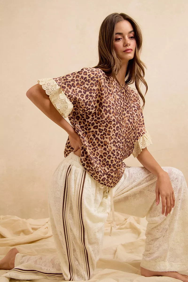 Leopard print ruffle top and shorts set with eyelet lace trim, short sleeves
